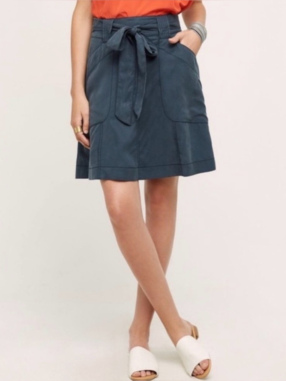 Anthropologie HD In Paris Blue Zipper Lined Skirt with Tie, Belt, Pockets